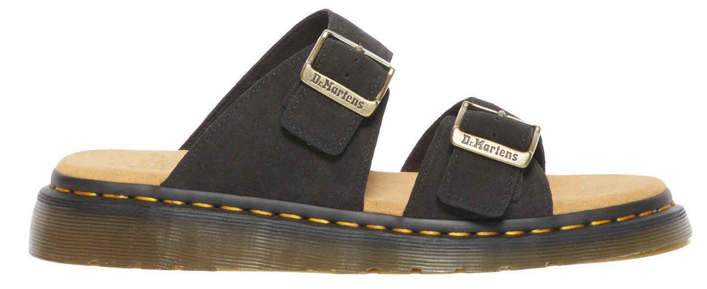 black sandal with two straps with buckles