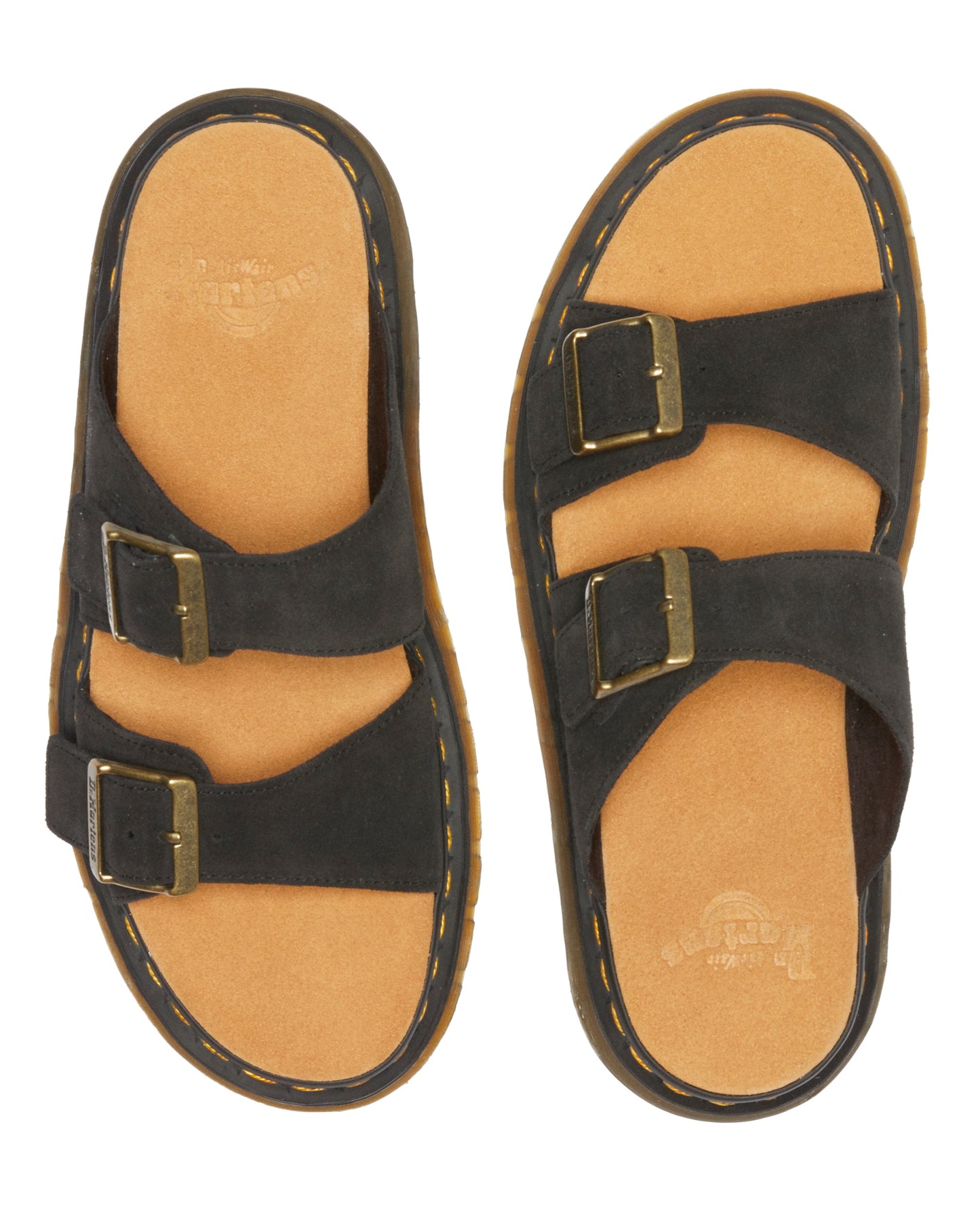Two dark grey sandals with two gold buckles on each sandal and tan inner soles.