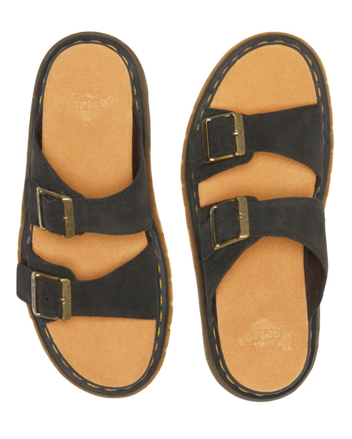 Two dark grey sandals with two gold buckles on each sandal and tan inner soles.