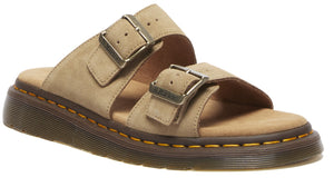 Taupe sandal with two buckled straps and yellow stitching along the sole.