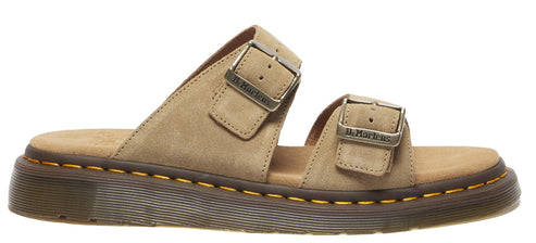 Beige sandal with two straps and metal buckles.