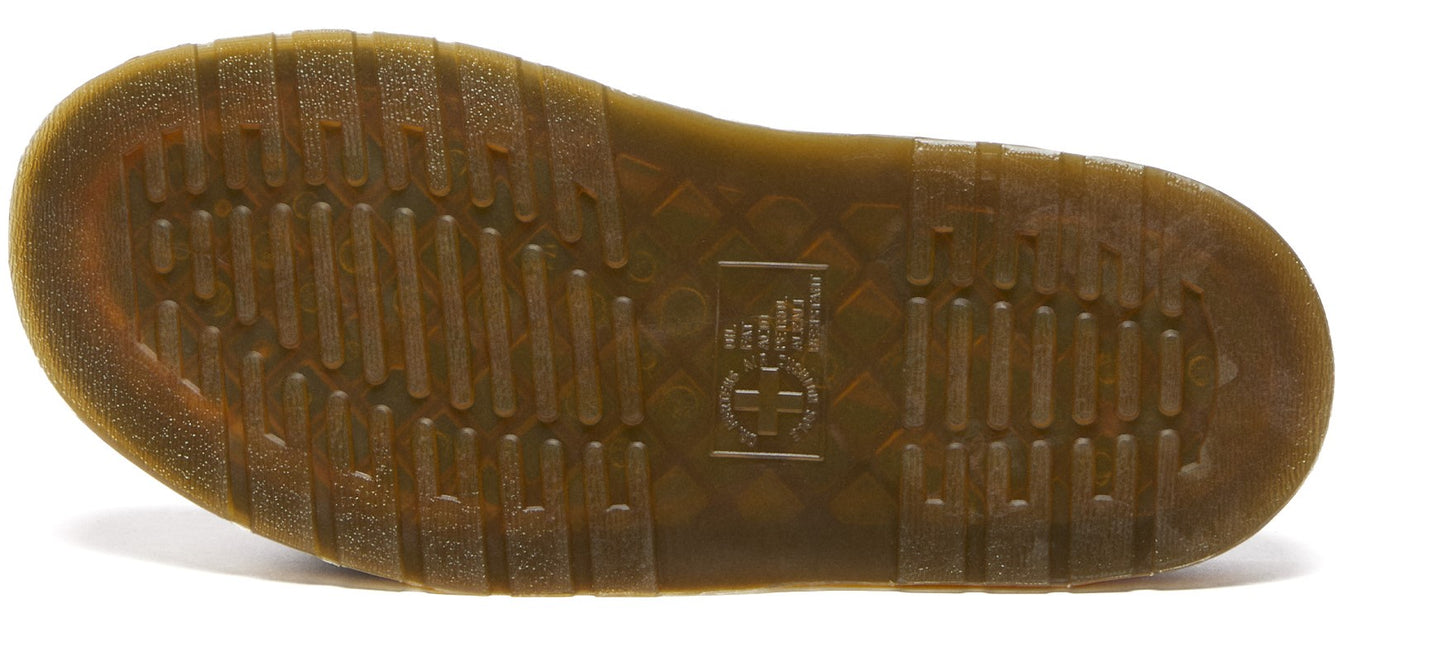Shoe sole with grooved pattern and logo.