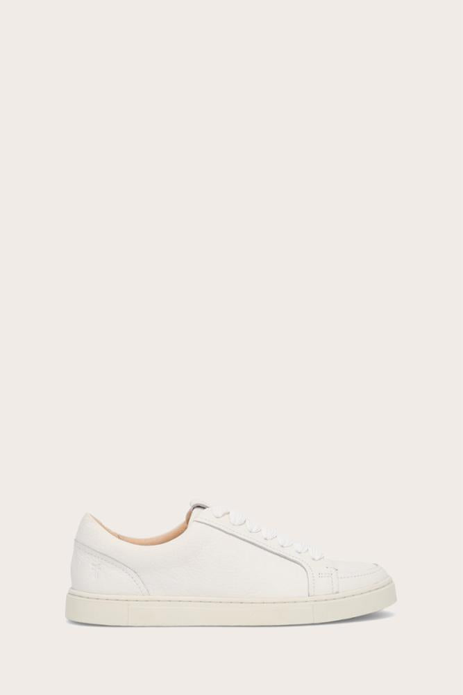 A plain white sneaker with white laces.