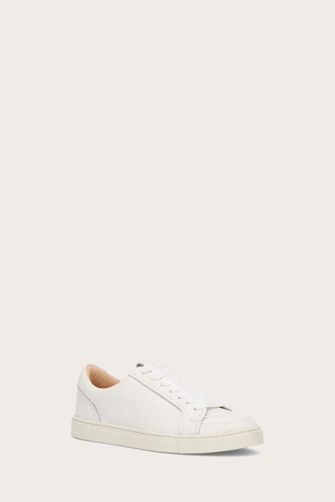 A white leather sneaker with white laces.