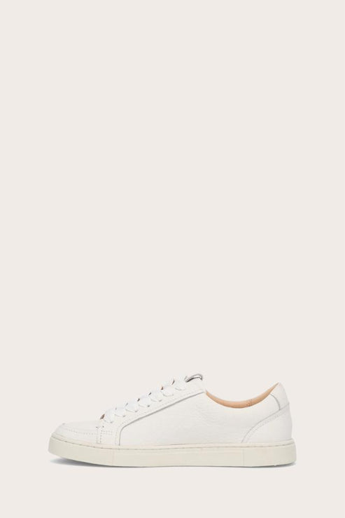 White leather sneaker with white laces and white soles.