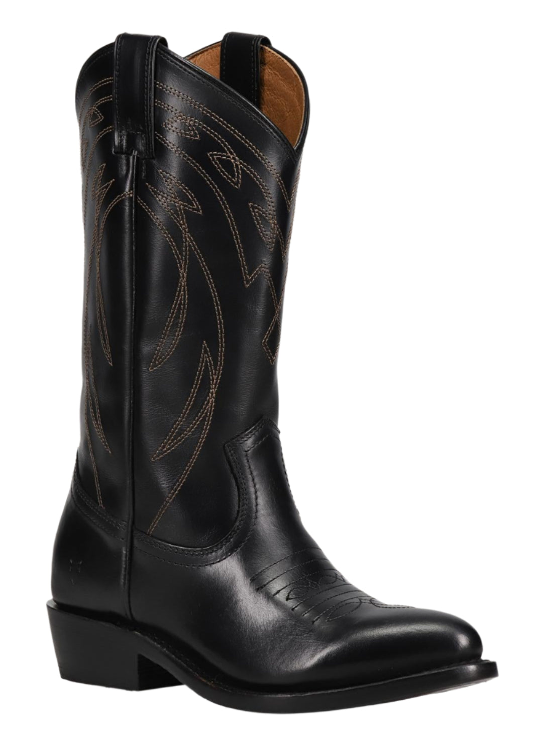 Black leather cowboy boot with ornate stitching.