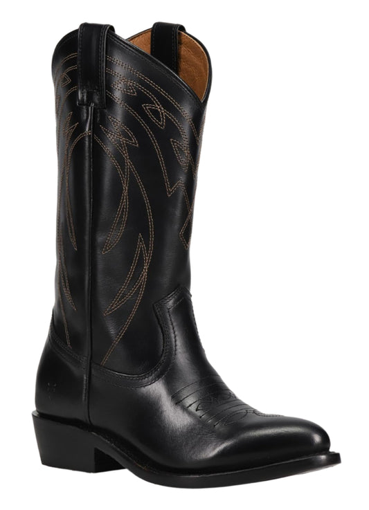 Black leather cowboy boot with ornate stitching.