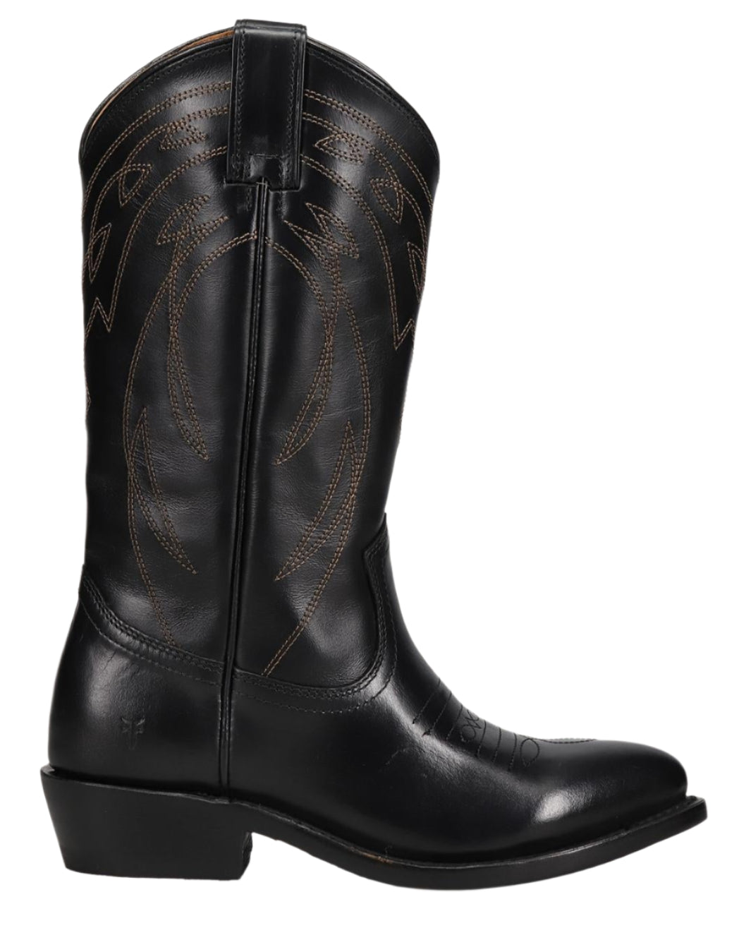 Black cowboy boot with decorative stitching.