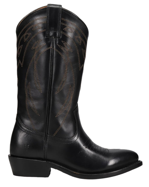 Black cowboy boot with decorative stitching.