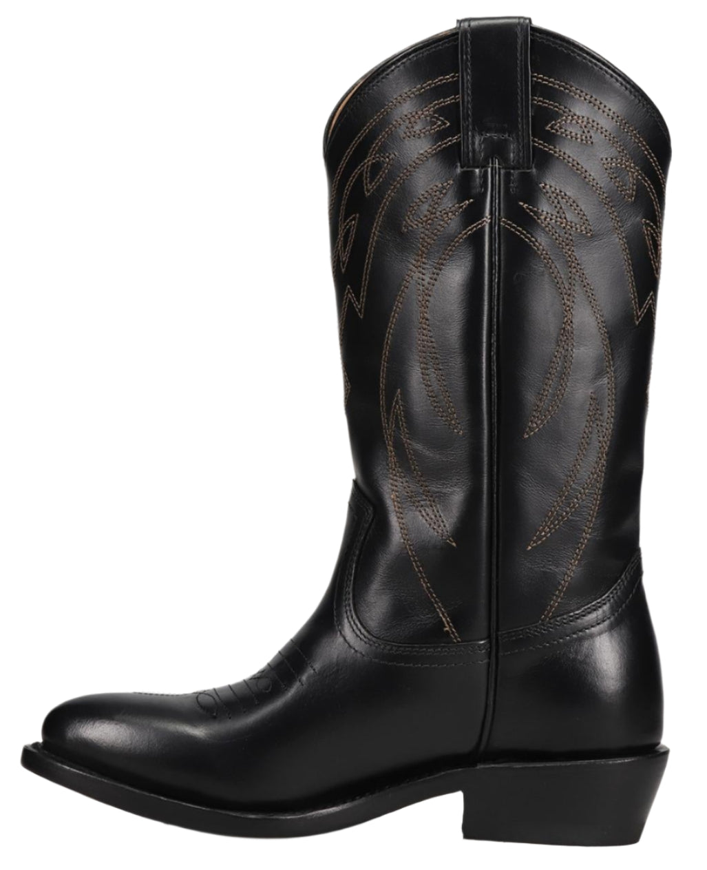 Black cowboy boot with decorative stitching.