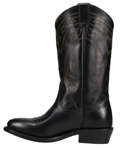 Black cowboy boot with decorative stitching.