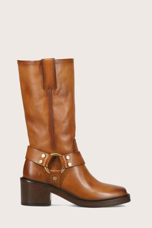 Tall brown leather boot with a square heel and a gold-tone buckle harness strap.