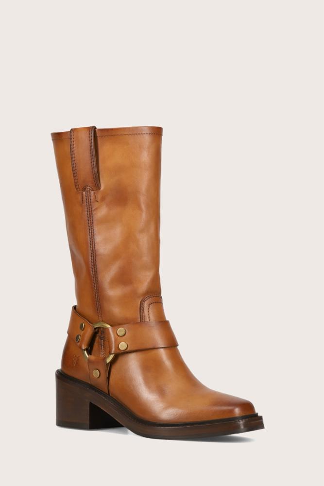 Tan leather knee-high heeled boot with gold buckle strap
