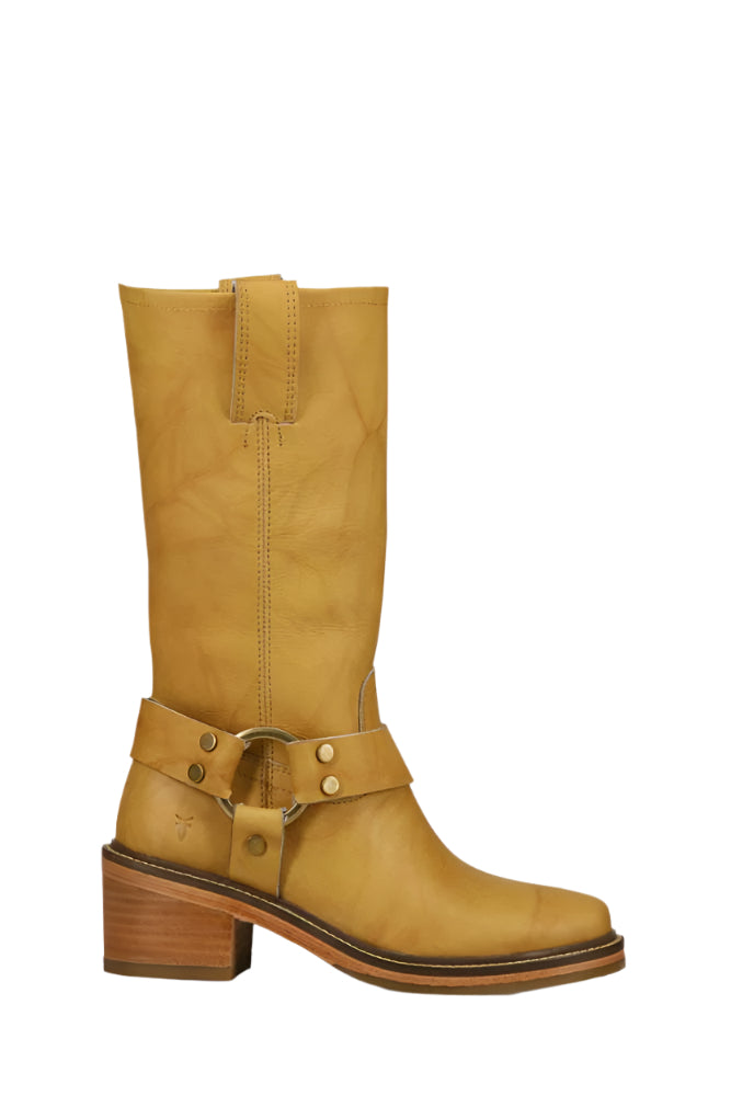 Knee-high yellow leather boot with a block heel and ankle strap.