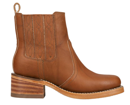 Side view of a brown leather ankle boot with a stacked wooden heel and elastic side panels.