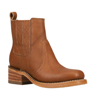 A tan ankle boot with a block heel and a pull tab.