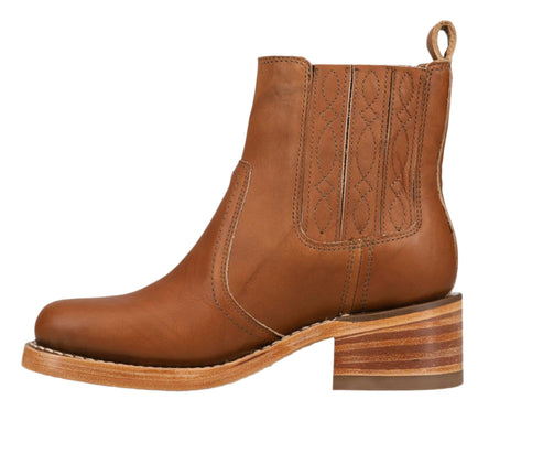 Brown leather ankle boot with a squared toe and stacked heel, and elastic side panels.