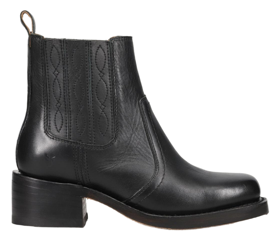 Black leather ankle boot with a block heel.