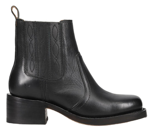 Black leather ankle boot with a block heel.