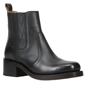 A black leather ankle boot with a block heel and elastic side panels.