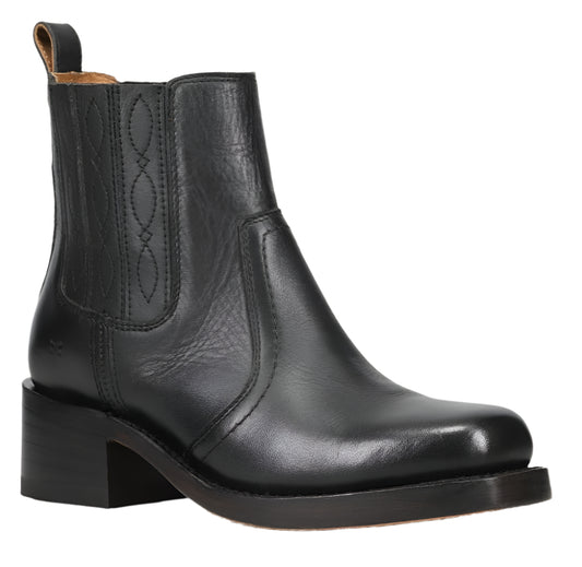 A black leather ankle boot with a block heel and elastic side panels.