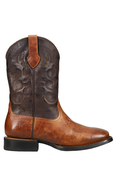 A brown leather cowboy boot with dark floral designs on the shaft.