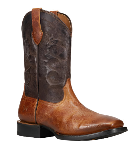 Brown leather cowboy boot with decorative stitching.