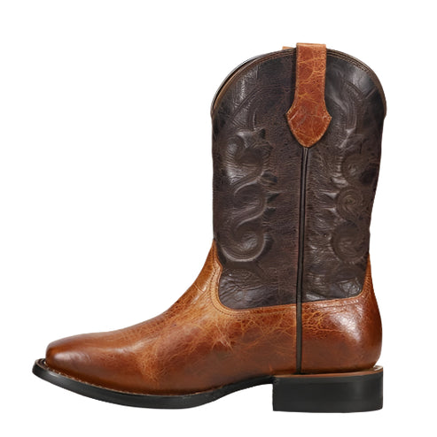 Brown leather cowboy boot with dark brown decorative embroidery on the shaft.