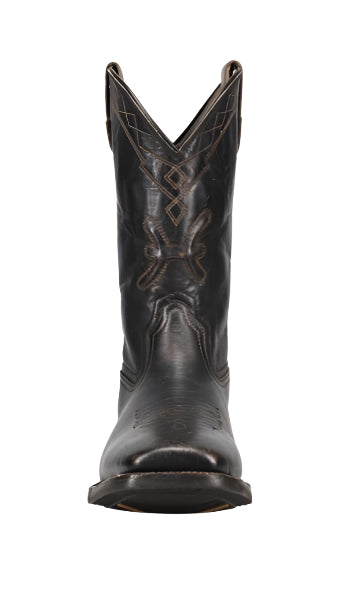 Black leather cowboy boot with decorative stitching.