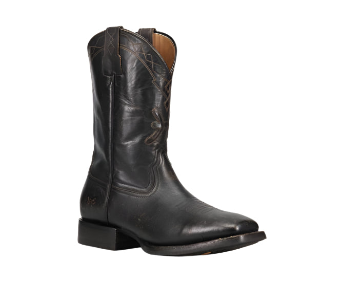 A black leather cowboy boot with a square toe.