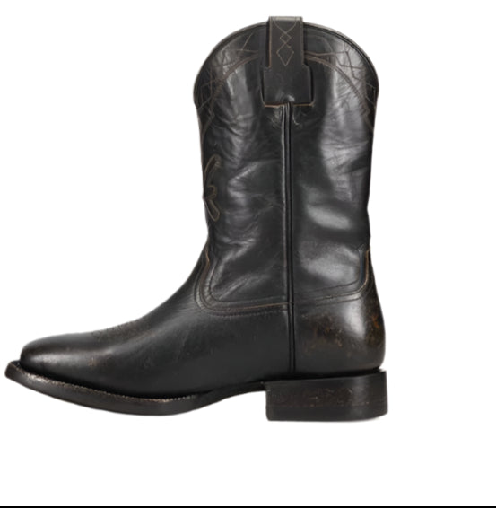 A black leather cowboy boot with decorative stitching.