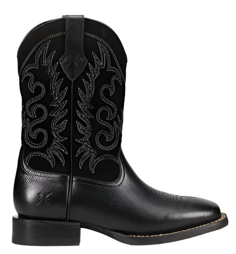 Black cowboy boot with intricate embroidery.