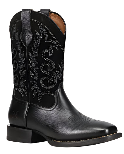 Black leather cowboy boot with decorative stitching.