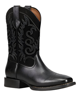 Black leather cowboy boot with decorative stitching.