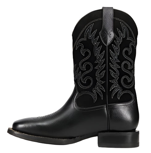 Black leather cowboy boot with dark, swirly embroidered detailing and a square toe.