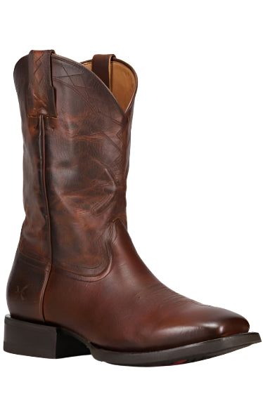 Brown leather cowboy boot with decorative stitching.