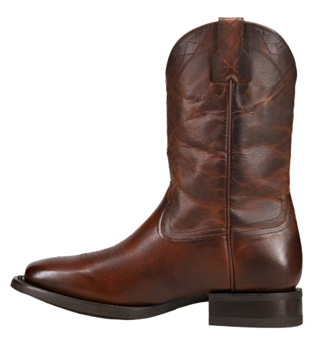 Dark brown leather cowboy boot.