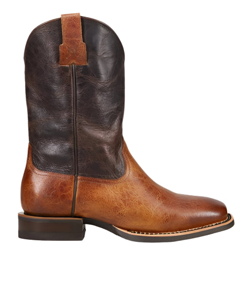 Brown leather cowboy boot with dark shaft.