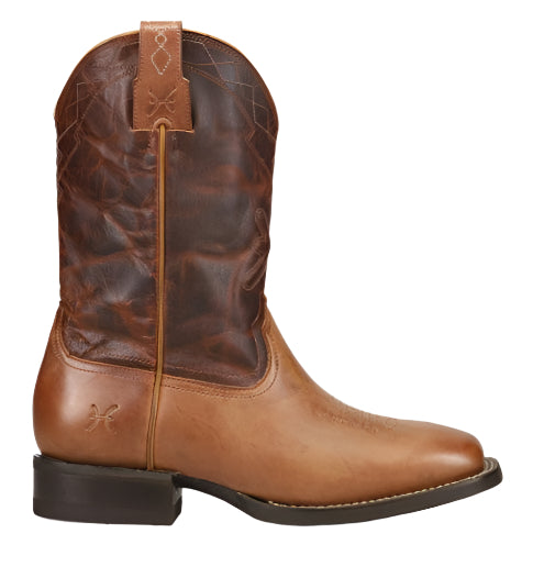 Brown leather cowboy boot with dark brown shaft and square toe.