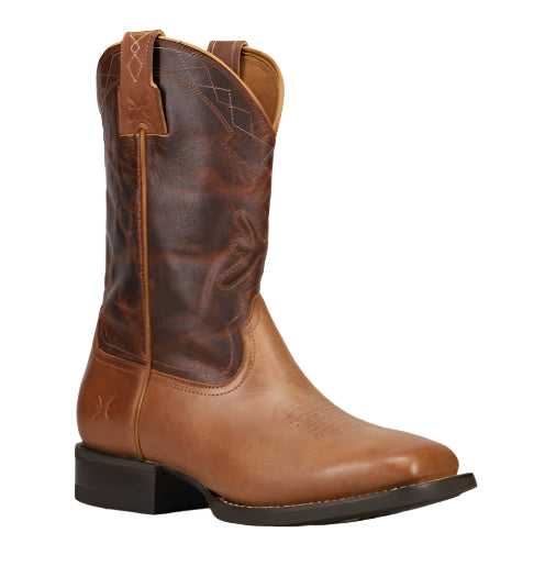 Western boot with brown patterned shaft and tan foot.
