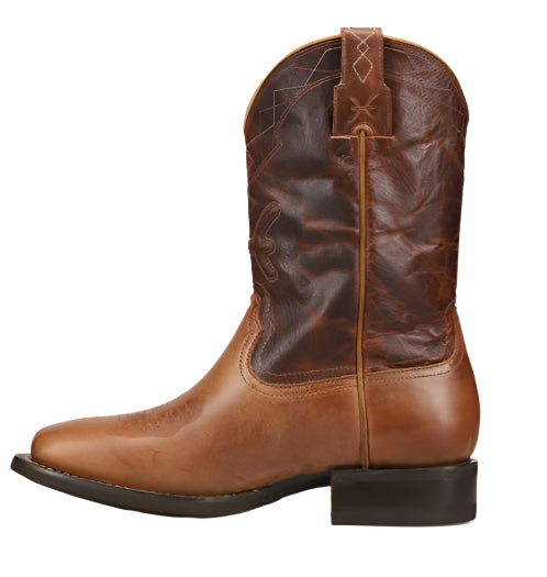 Tan leather cowboy boot with brown patterned shaft.