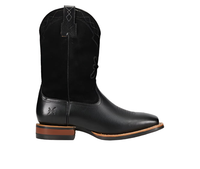 Black cowboy boot with suede shaft and leather vamp.