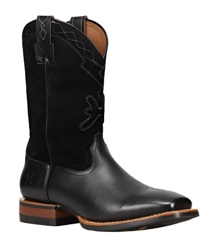 Black leather cowboy boot with dark suede upper.