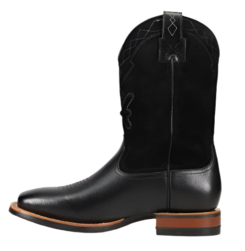 Black leather cowboy boot with suede shaft.