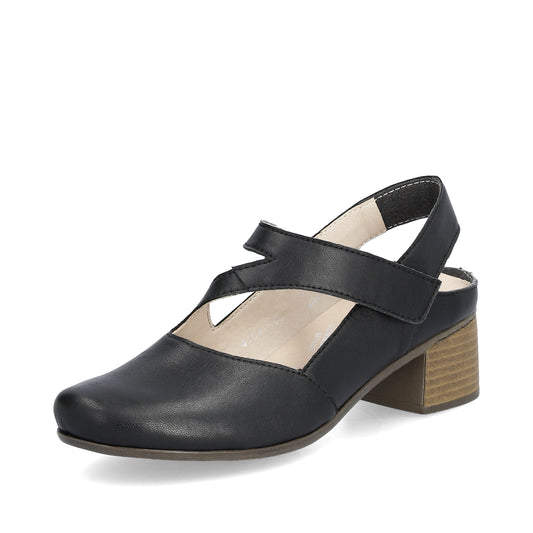 Black leather block-heeled slingback shoe with a strap crossing the vamp.