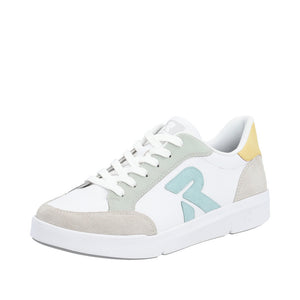 White sneaker with gray suede toe, light blue 'R' on side, white laces, and yellow accent on the heel.