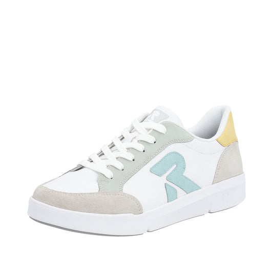 White sneaker with gray suede toe, light blue 'R' on side, white laces, and yellow accent on the heel.