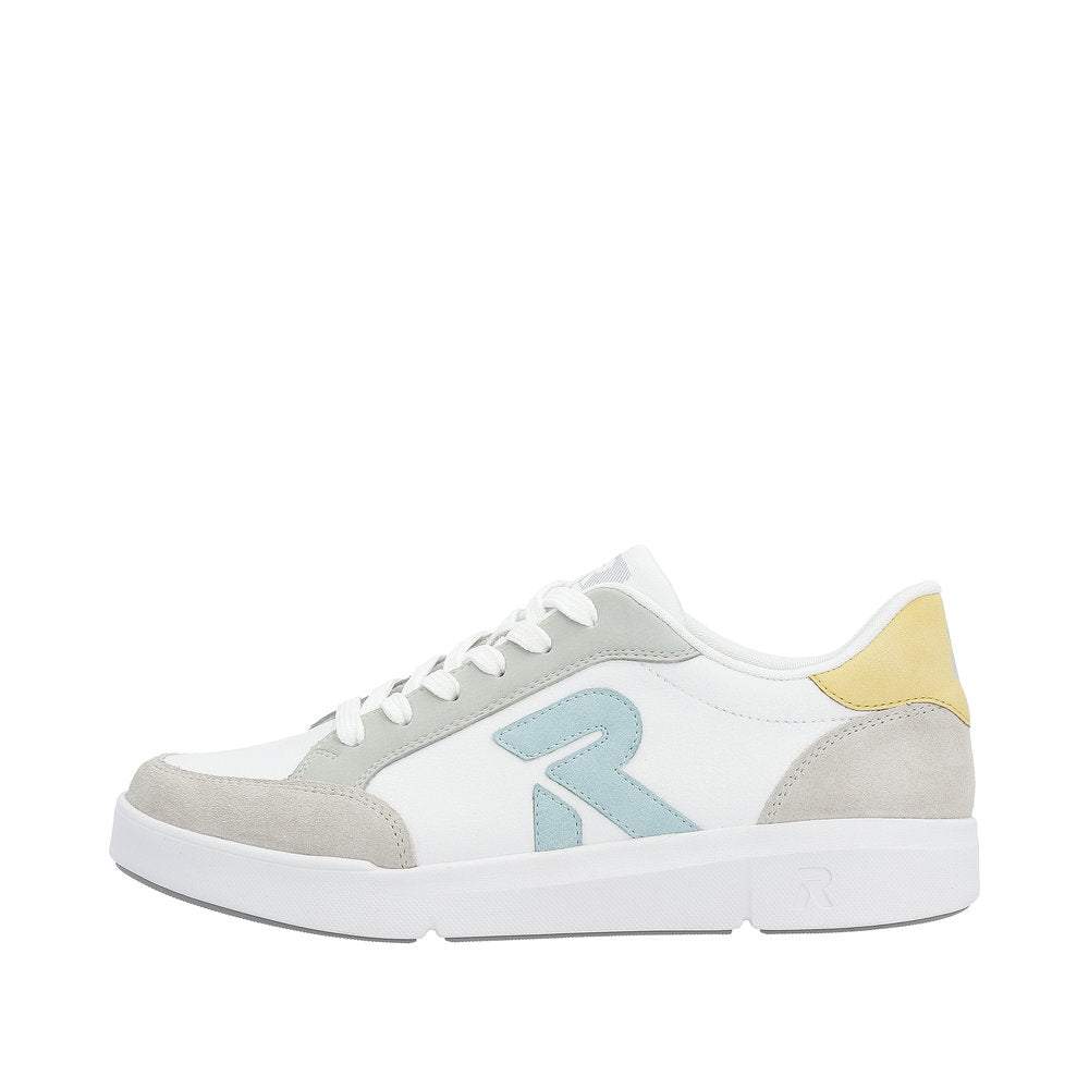 Low-top white sneaker with light gray and yellow accents, and a light blue "R" on the side.