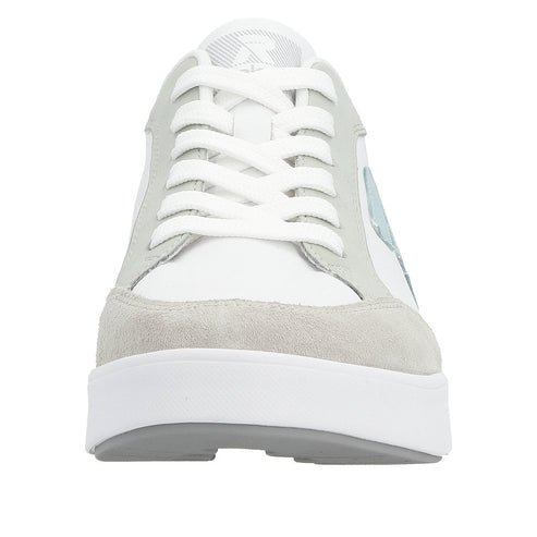 White and gray casual sneaker with laces.