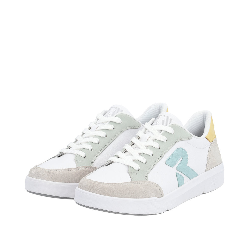 Low-top sneakers, white with gray and light-blue accent.
